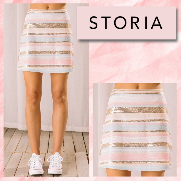 STORIA Super Sexy, Striped, Full Sequined Mini Skirt Fully Lined W/Side … - Picture 1 of 14